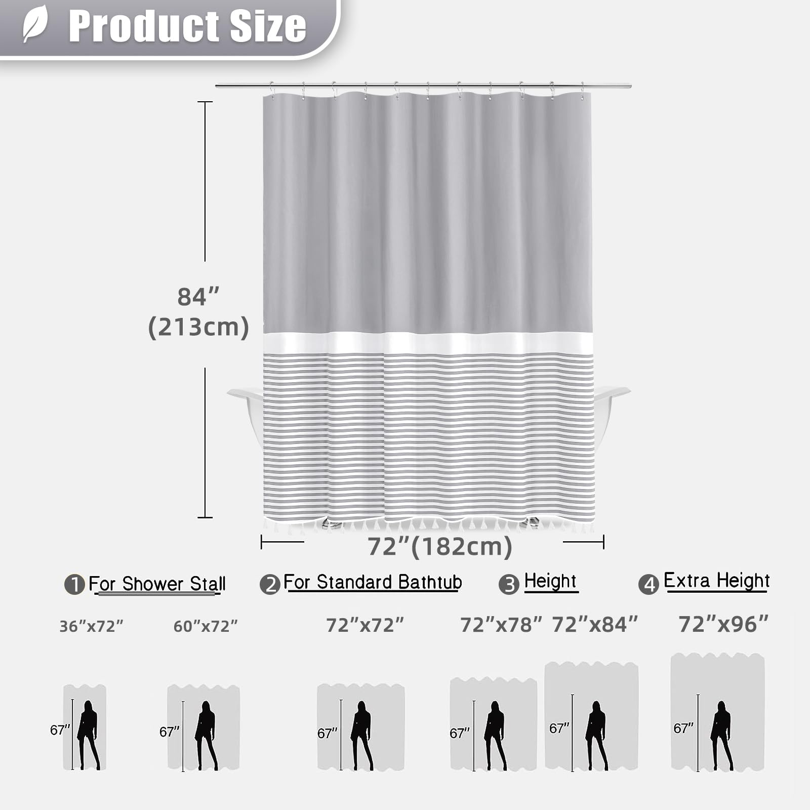 Extra Long Shower Curtains Modern Farmhouse Waterproof Shower Curtain Set With Hooks 72X84 Inch Grey Boho Fabric Weighted Shower