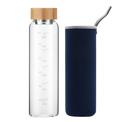 sunkey Glass Water Bottle 32 oz Wide Mouth with Sleeve Bamboo Lid 1 Litre Motivational Water Bottle With Time Marker Reusable Safe for Hot Cold Drinks Bpa Free (Navy Blue)