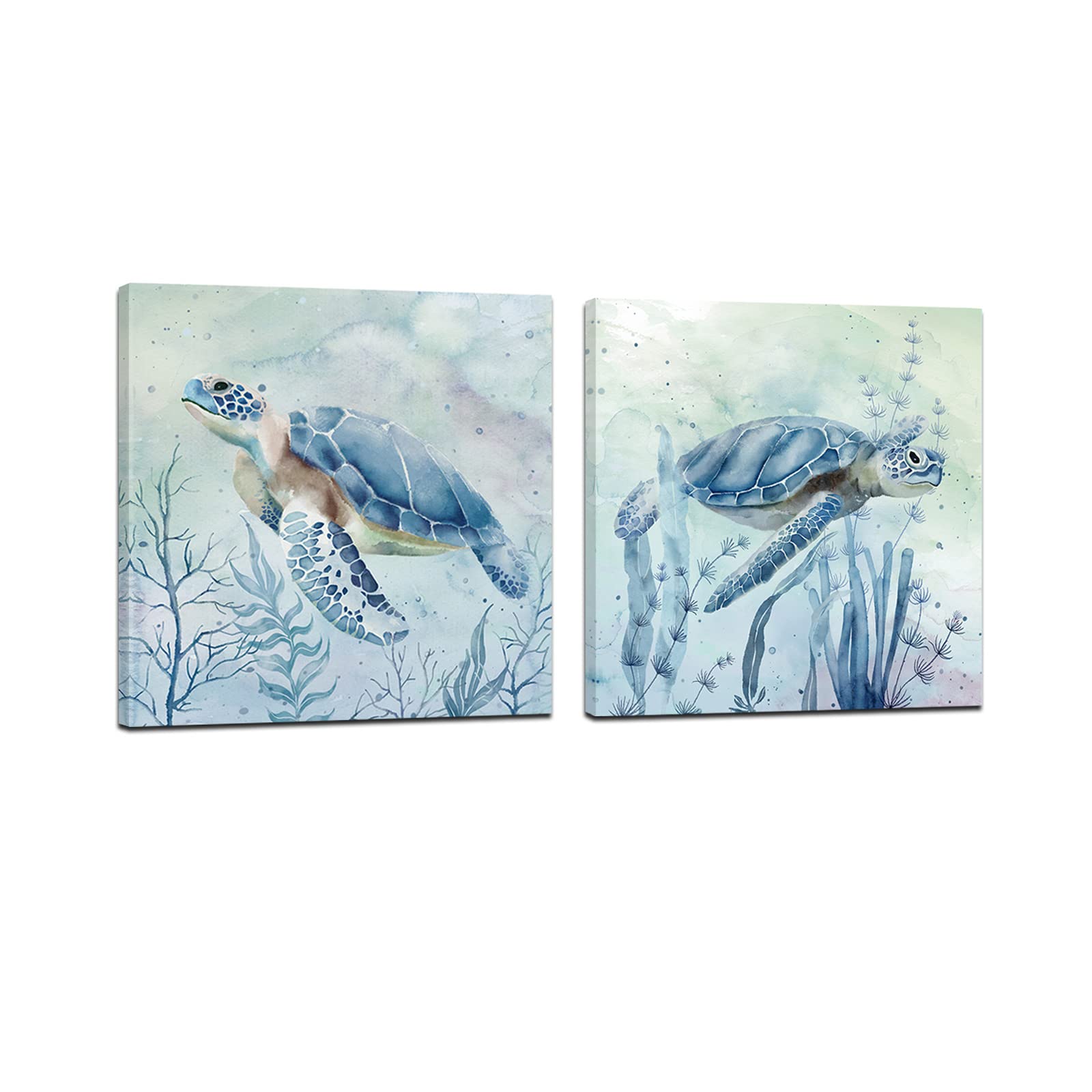 Zessonic Sea Turtle Wall-Art For Bathroom Decor - 2 Panel Set Of 12 X 12 Inch Teal Sea Turtle With Seagrass Prints