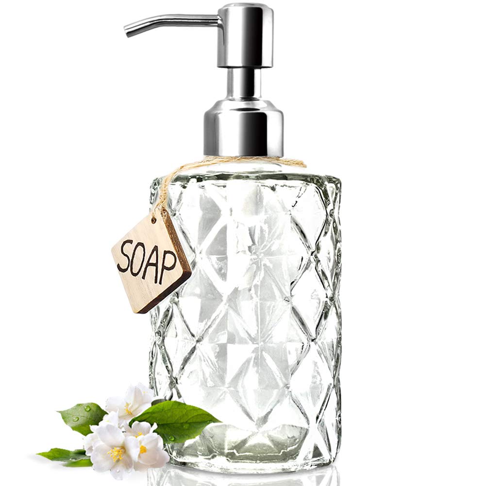 Jasai Diamond Design Glass Soap Dispenser With Pump 304 Stainless Steel Bathroom Soap Dispenser For Hand Soap, Soap, Lotion (Tra