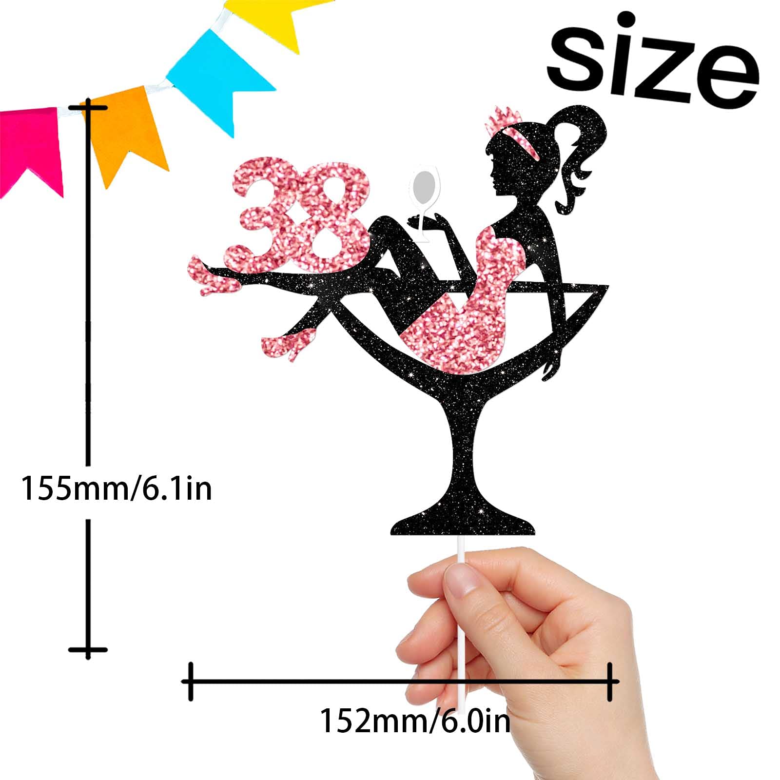 Sitting Girl Cake Topper Picks for Girl Lady 38th Birthday Makeup Spa Theme Party Decoration Supplies 38 Silhouette High Heeled Girl Cake Decor Rose Gold Glitter