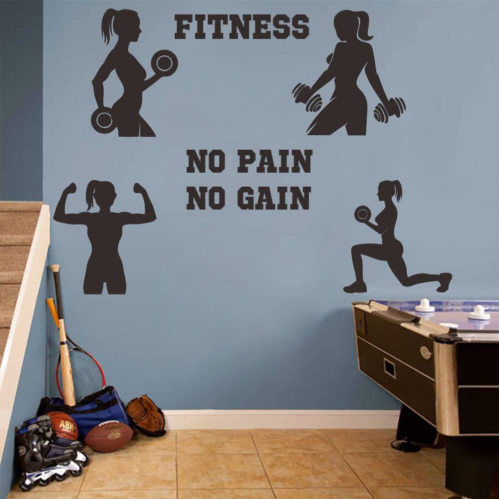 Anfrjji Women Fitness Wall Decal - Pvc Removable Vinyl Sticker - No Pain No Gain Quote With Girl Lifting Weights - Gym And Home