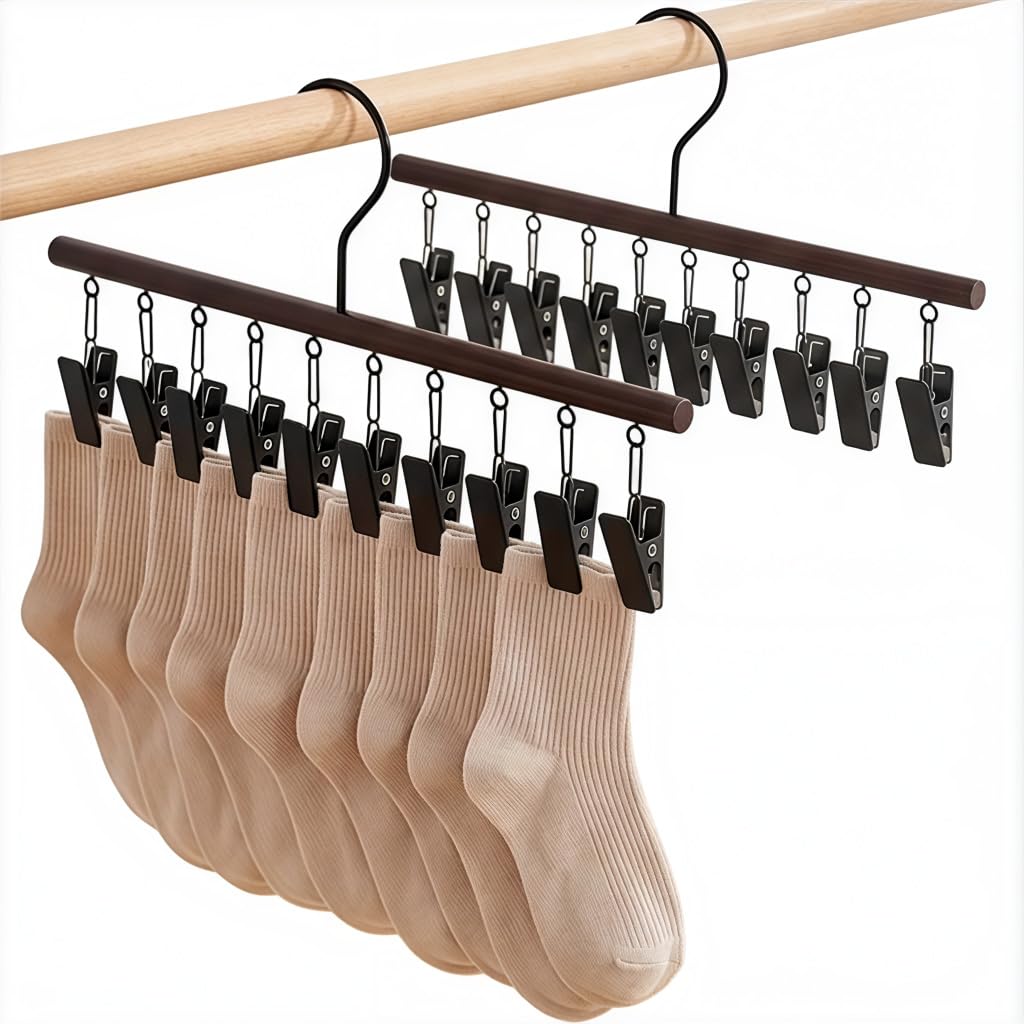 Hasthip 2 Pack Wooden Hangers For Clothes Hanging, Leggings Organizer For Closet, Wooden Yoga Pants Hangers With Adjustable Clip