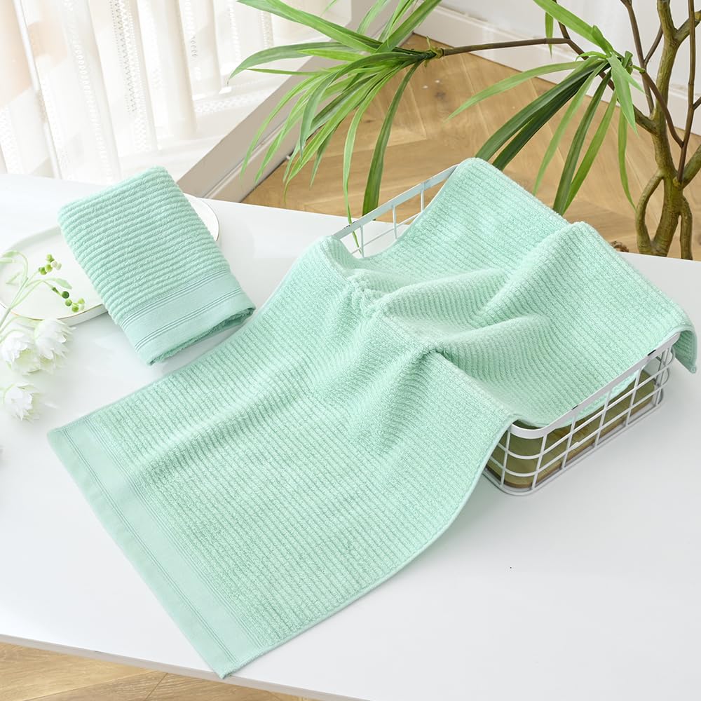 Yiluomo Ribbed Striped Hand Towel Set Of 2 Soft And Absorbent 100% Cotton Bathroom Hand Towel Decorative 13 X 29 Inch (Green)