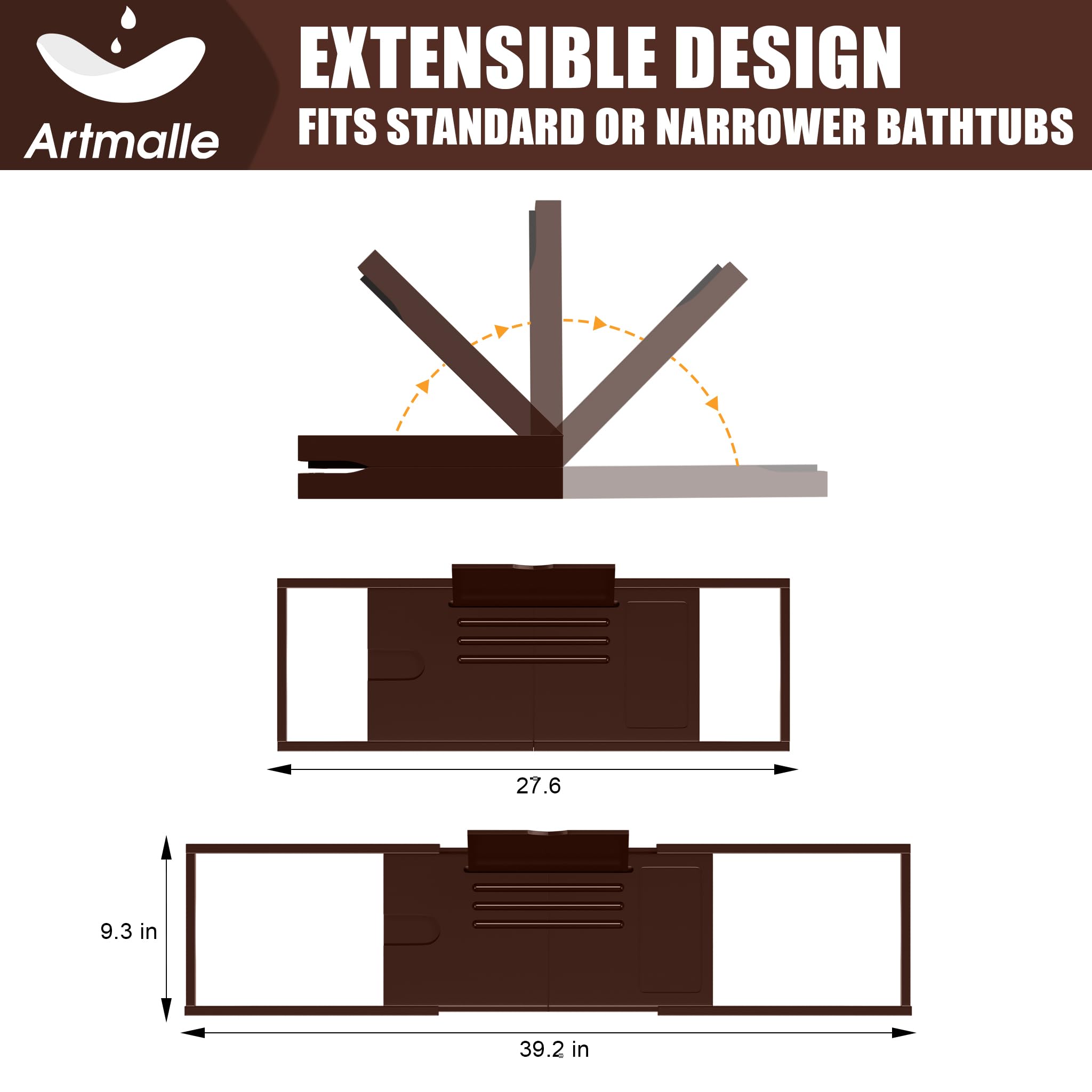 Artmalle Bathtub Tray For Tub, Expandable Bamboo Bath Caddy Tray With Book Stand For Home Spa Relaxing, Foldable Minimalist Bath