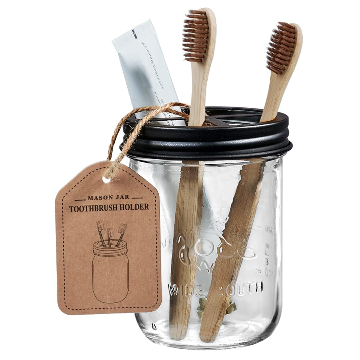 Mason Jar Toothbrush Holder - Premium Rustproof 304 Stainless Steel Lid - Holds 2 Toothbrushes and Toothpaste - Rustic Farmhouse Decor Countertop and Vanity Storage Organizer/Black