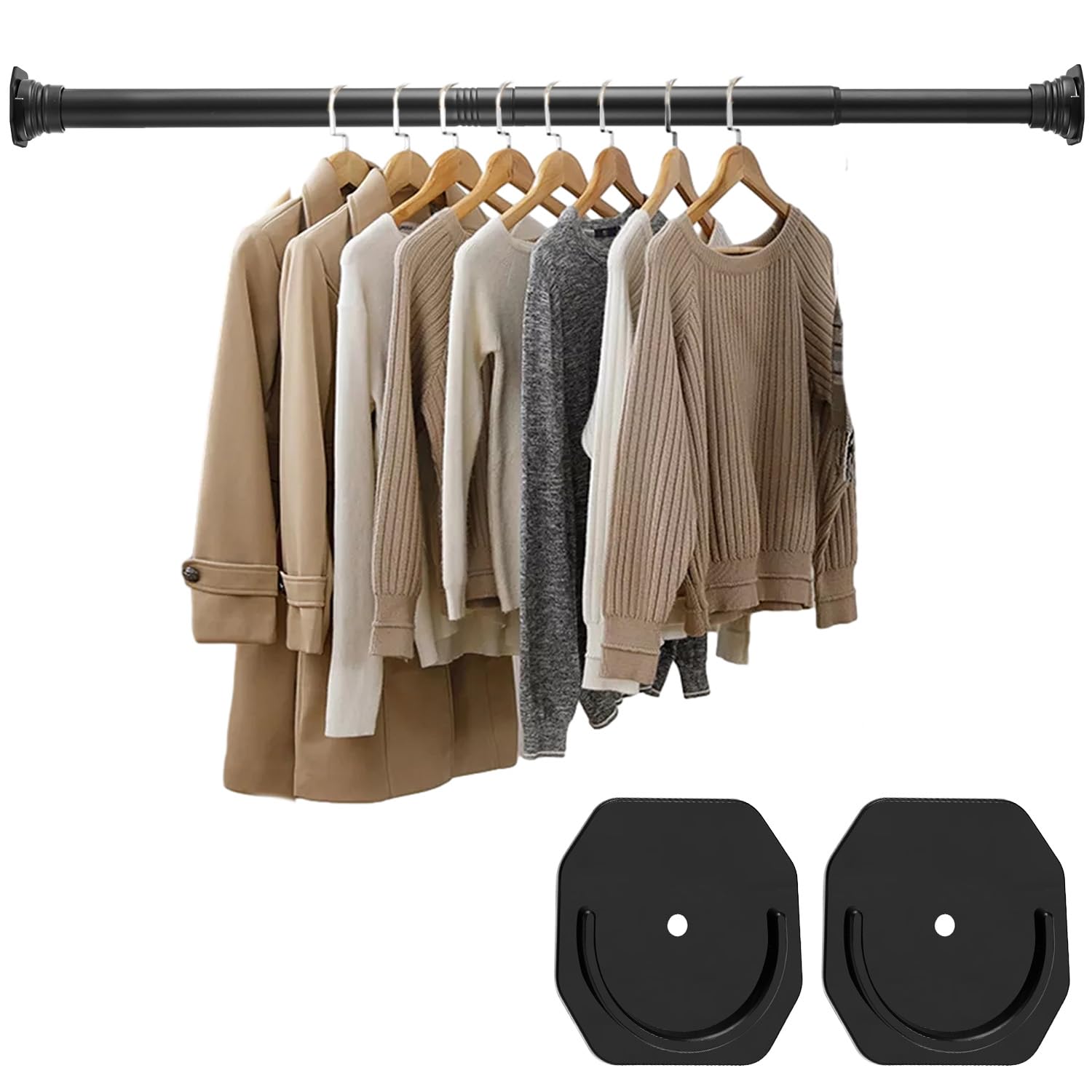 Dwelspire Closet Rod For Hanging Clothes, With No Drilling Holder 30 To 88 Inches Adjustable Matte Black Closet Rods, Space Savi