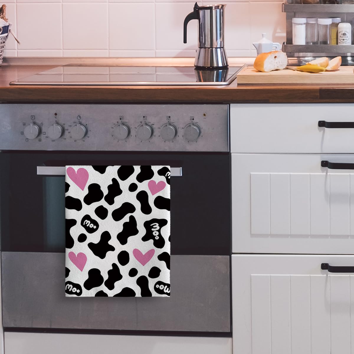 Cow Print Pink Heart Decorative Kitchen Towels With Hanging Loop Set Of 2, Soft Absorbent Dish Towels For Kitchen Drying,Kitchen