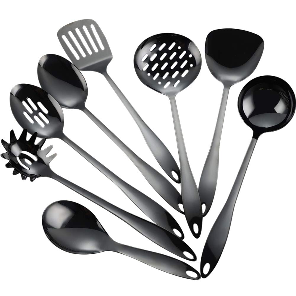 Kelendle 8 Piece Stainless Steel Kitchen Utensil Set Black Nonstick Cooking Utenisls Titanium Plated Kitchen Tools Gadgets Slott