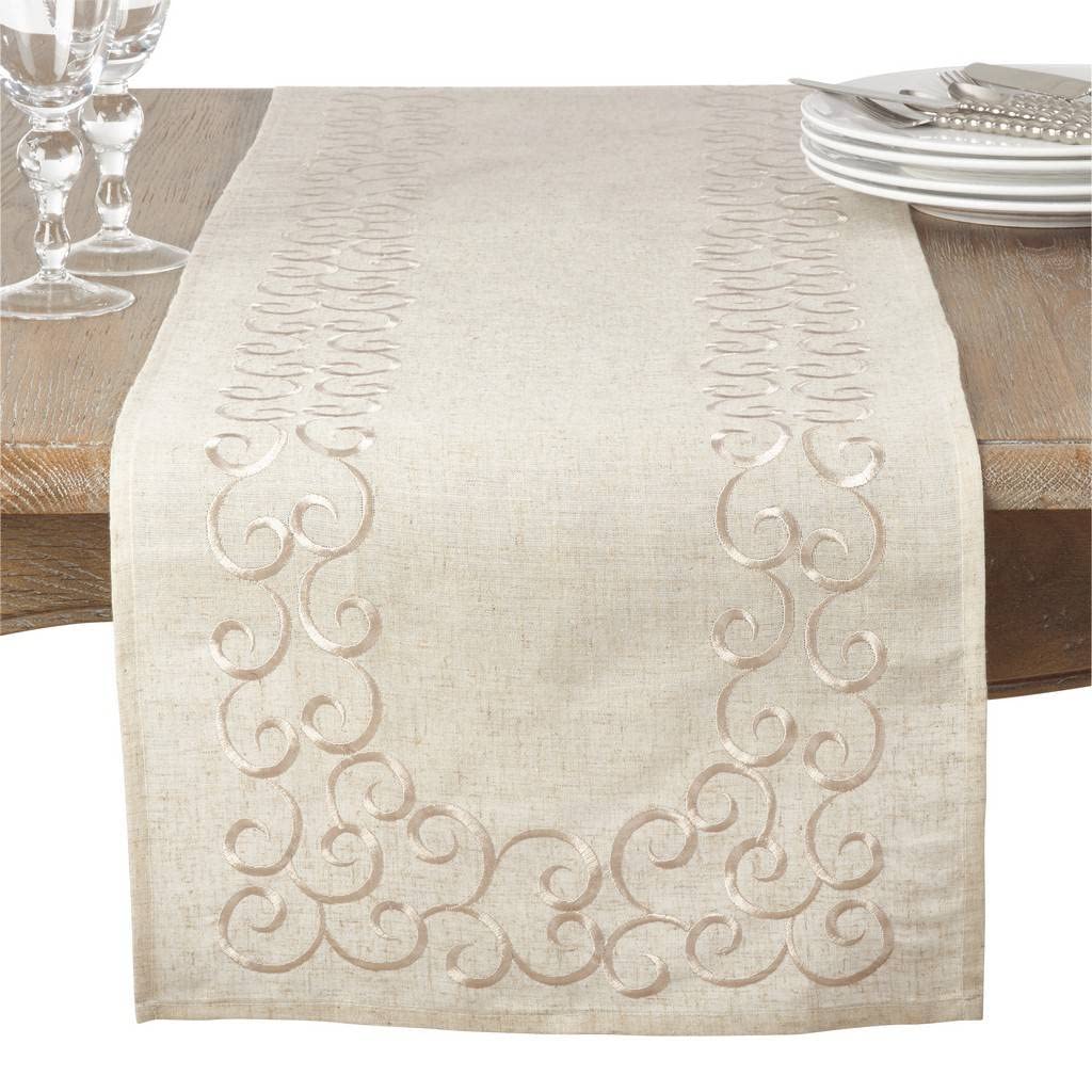 Saro Lifestyle Swirling Collection Embroidered Design Linen Blend Table Runner, 16'' X 90'', Natural