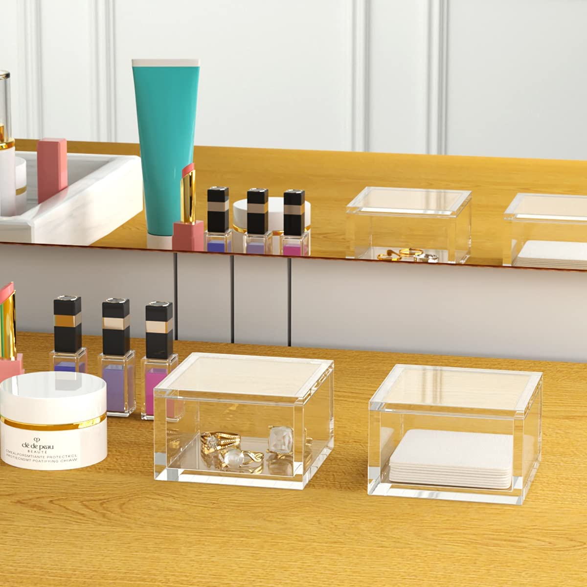 AITEE Small Acrylic Box with Lid, Clear Cube Display Case, Multi-Purpose Box Square Container for Holding Staples, Highlighters,