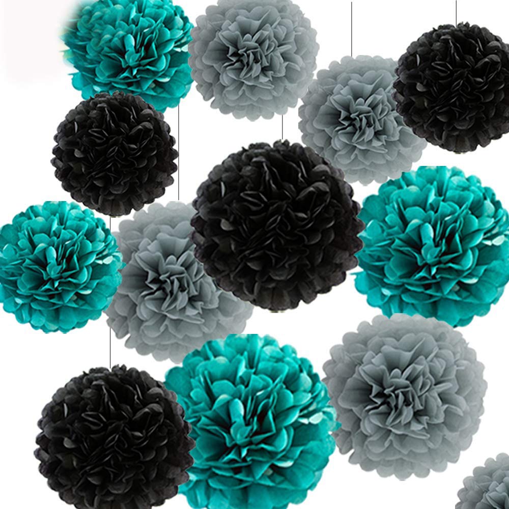 12Pcs Tissue Paper Pom Poms - Teal Grey Black Paper Flowers 8Inch 10Inch Tissue Paper Balls,Best For Baby Shower Decorations & 1