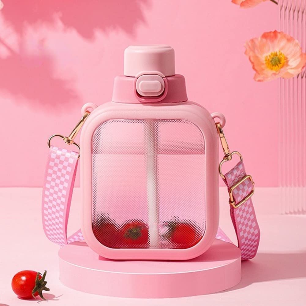 Nufr 24 Oz Square Transparent Water Bottle, Cute Portable Travel Canteen With Adjustable Strap 700Ml (Pink)