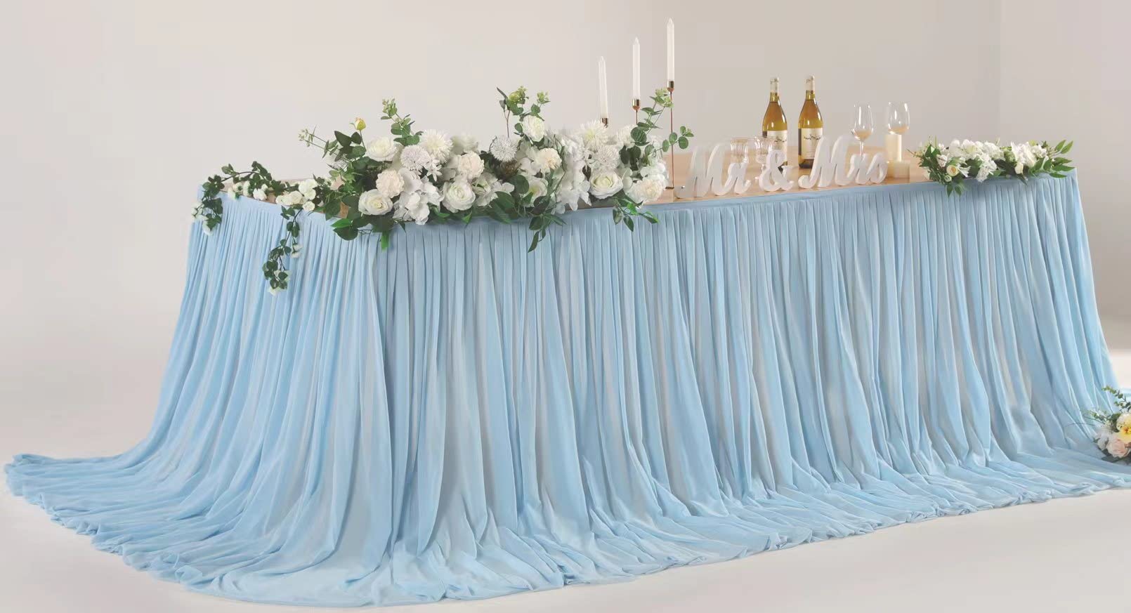 Mohoeey 9Ft Extra Long Blue Chiffon Table Skirts With Pooling Tablecloth For Wedding, Birthday, And Cake Table Decorations