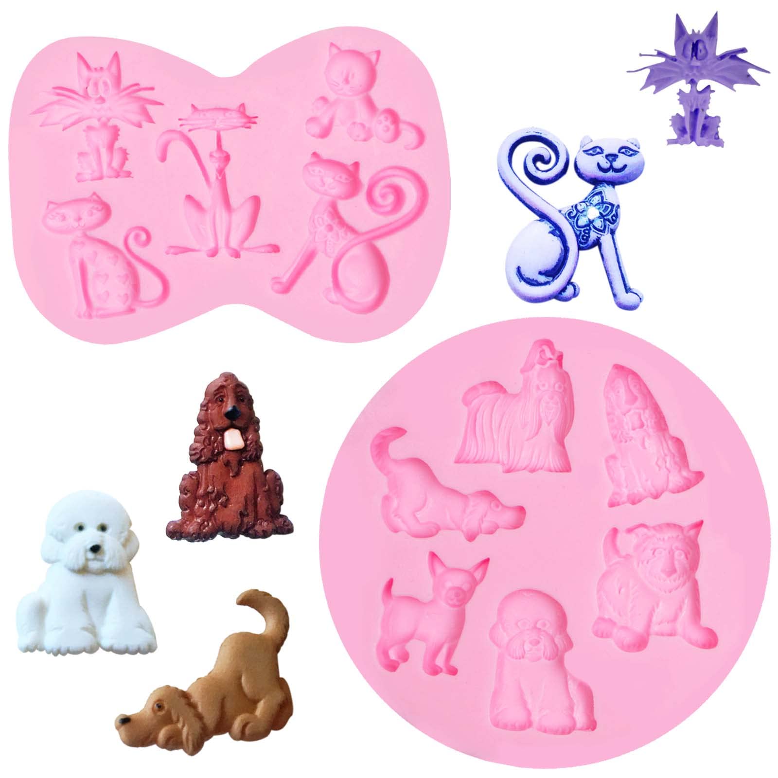 Dog Molds Silicone Fondant, 2 Packs Mini Cute Cats Dogs Fondant Animal Chocolate Molds For Baby Birthday Party Cake Decoration,