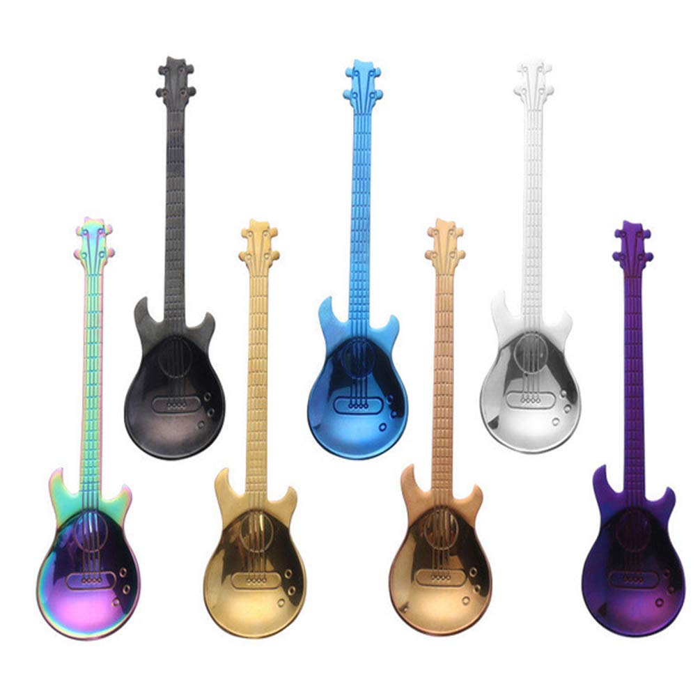 Tvoip 7Pcs Stainless Steel Guitar Shaped Love Coffee Spoon Teaspoon Children Spoon New Beautiful 7 Colors Coffee Tea Use