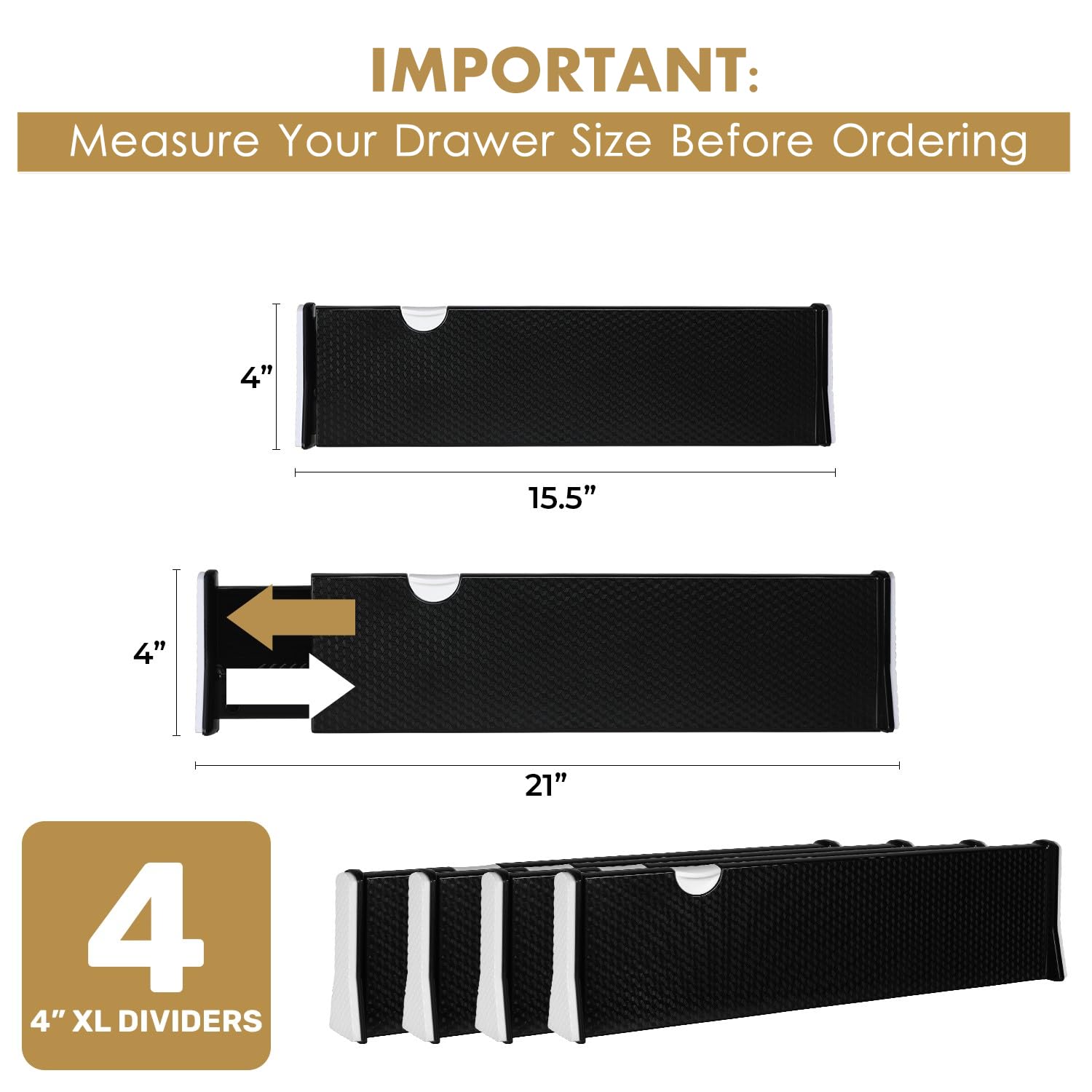 RAPTUROUS Adjustable Drawer Dividers 4 Pack, 4    High, 15.5-21    Long, Dresser Drawer Organizer for Bedroom, Closet, Kitchen,