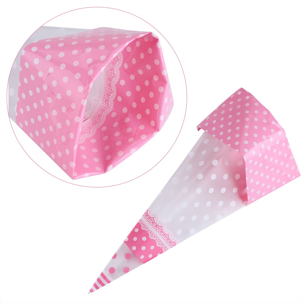 Zerodis 50Pcs Triangle Clear Cone-Shaped Treat Bags With Twist Ties Popcorn Bags Treat Bags Cellophane Candy Bags, Crafts (Pink)