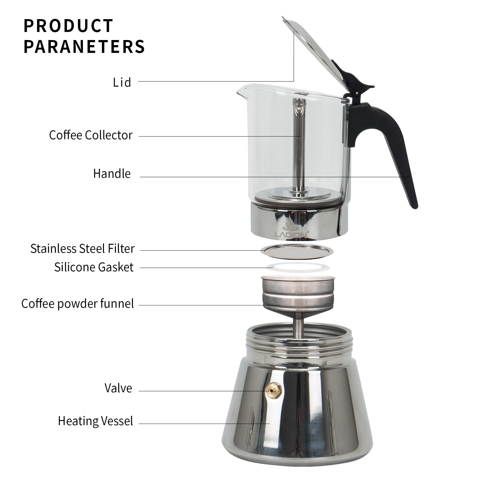 LAOION 6-Cup Stovetop Espresso Maker, Stainless Steel Moka Pot with Glass Top, Model GMK-240, Silver Coffee Maker for Cuban & Italian Coffee