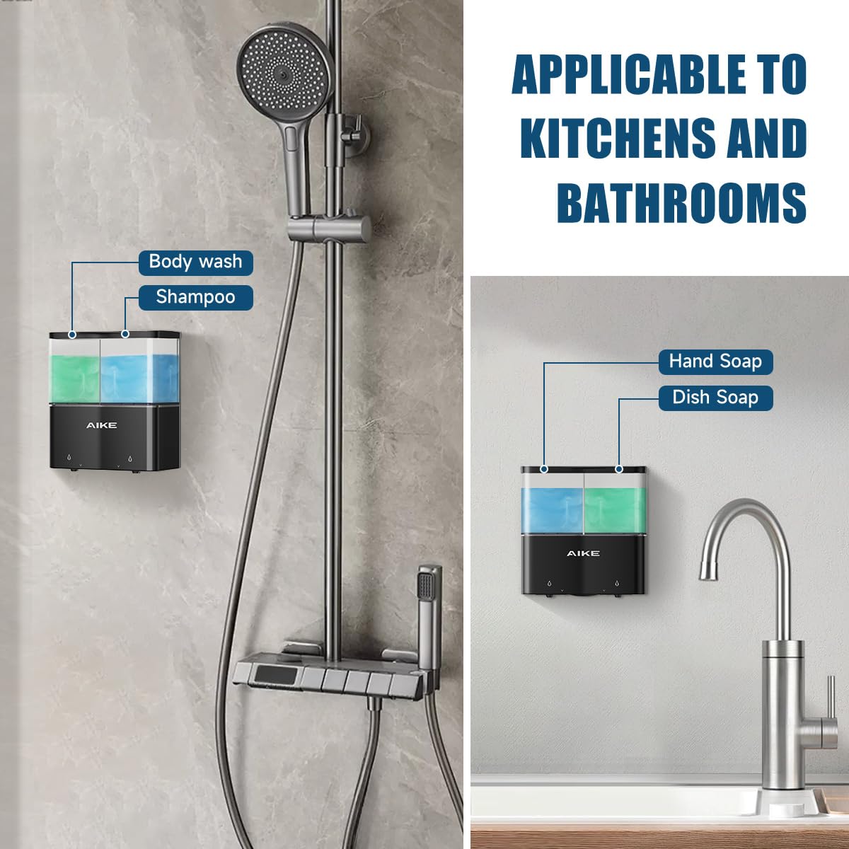 Aike Double Automatic Soap And Shower Dispenser Wall Mount 2 Chambers Dispenser Ipx7 Waterproof 2 X 17 Fl Oz. Black