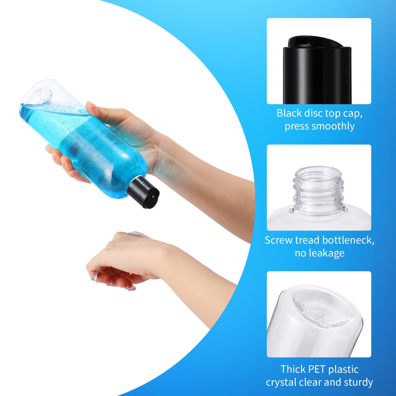Nuenen 24 Pieces Plastic Empty Bottles Clear Squeeze Travel Containers With Black Disc Cap Refillable Shampoo Container Travel B