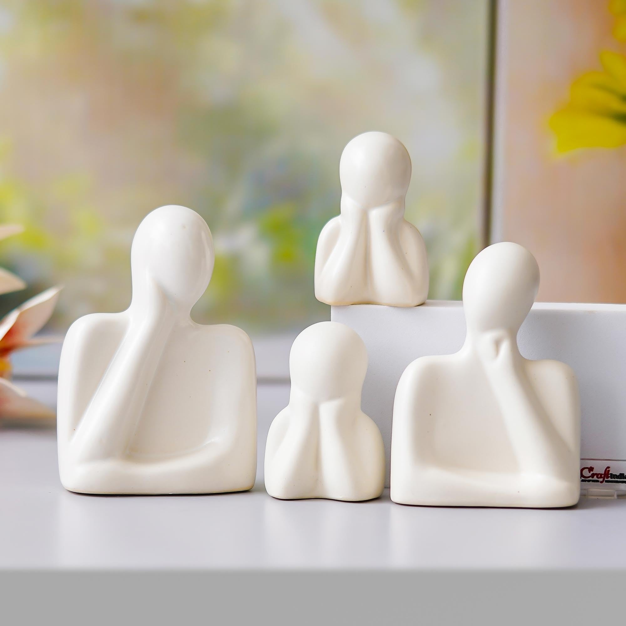 Ecraftindia Set Of 4 White Ceramic Handcrafted Couple Family Statue Sculpture | People Figurines Home Decor Items Showpiece For 