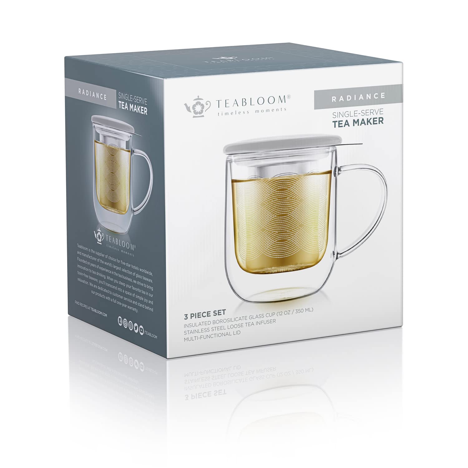 Teabloom Tea-For-One Steeping Mug - Insulated Double Wall Glass Mug (12 Oz), Stainless Steel Infuser, Porcelain Lid/Coaster - Ra
