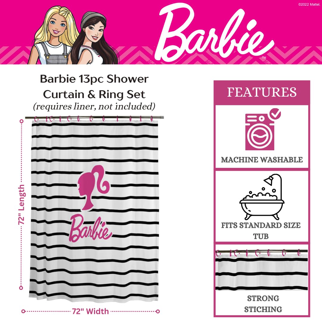 Franco Barbie Glam 13 Piece Shower Curtain And Ring Set, (100% Officially Licensed Product)