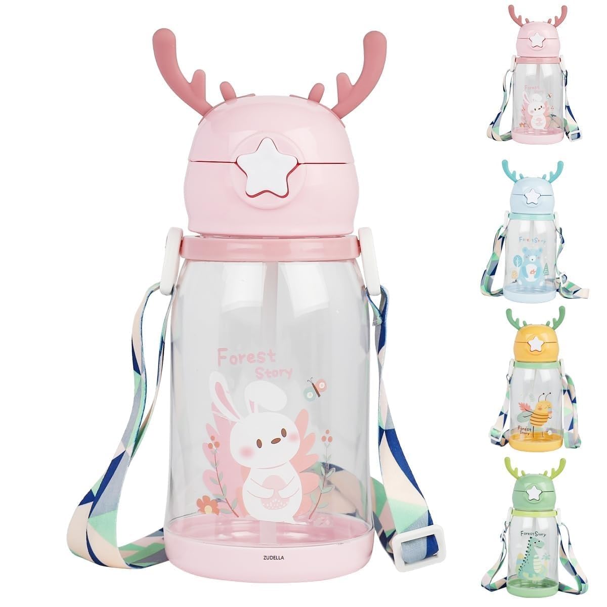 Zudella Kids Water Bottle With Sipper-600Ml||Bpa-Free-Leak-Proof||Cartoon Design With Push Button||Shoulder Strap||Unbreakable-F