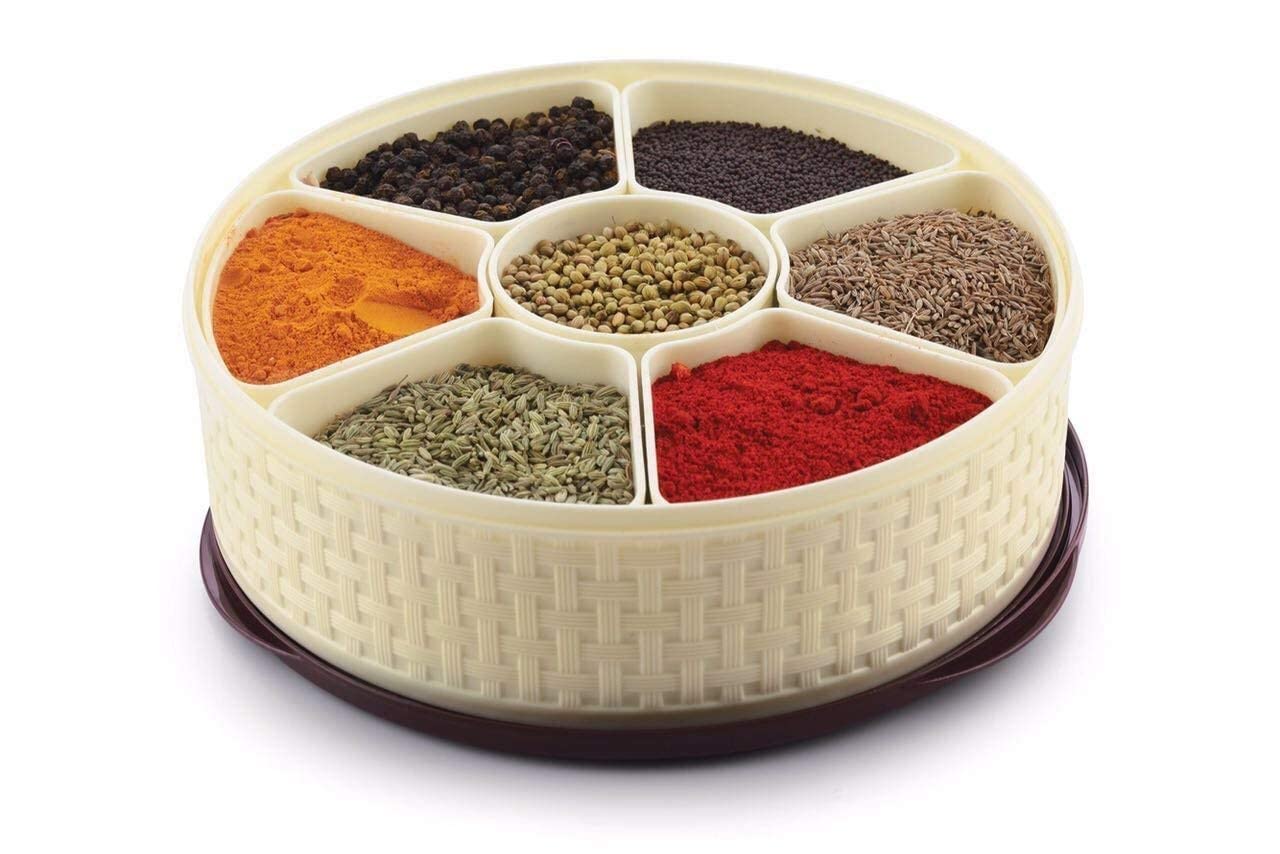 Flywind Plastic Masala Rangoli Box (Dabba) For Kitchen  7 Sections, 1000Ml, Assorted Colour (Multicolour) (Brown)