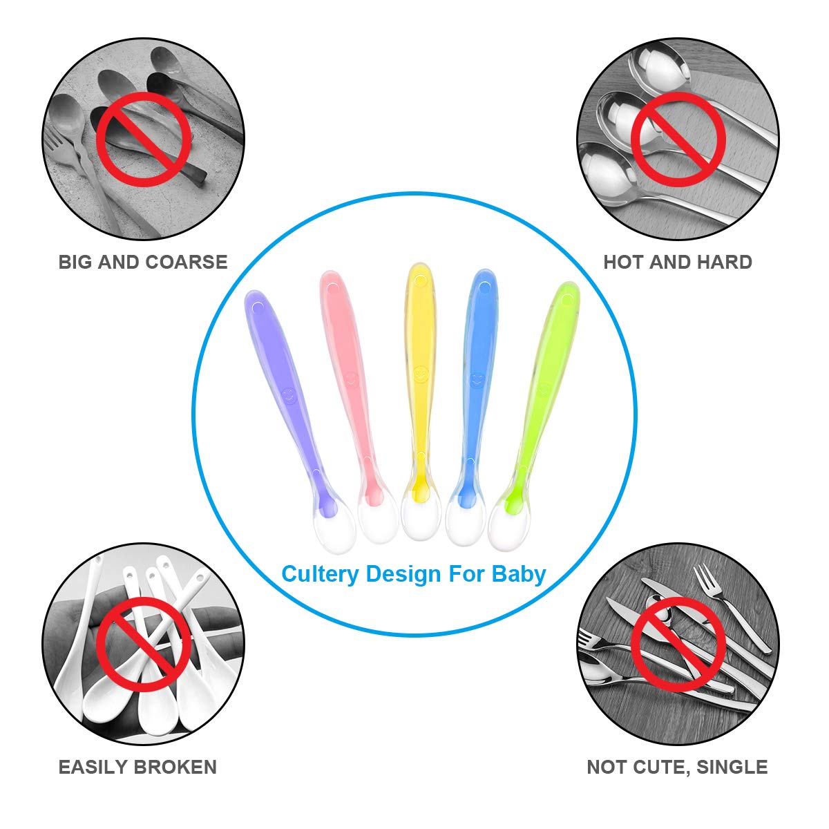 Vicloon Baby Silicone Spoons, Silicone Soft Baby Feeding Spoon Set 5 Pcs, First Stage Toddler Spoons Training Spoon For Baby 4 M