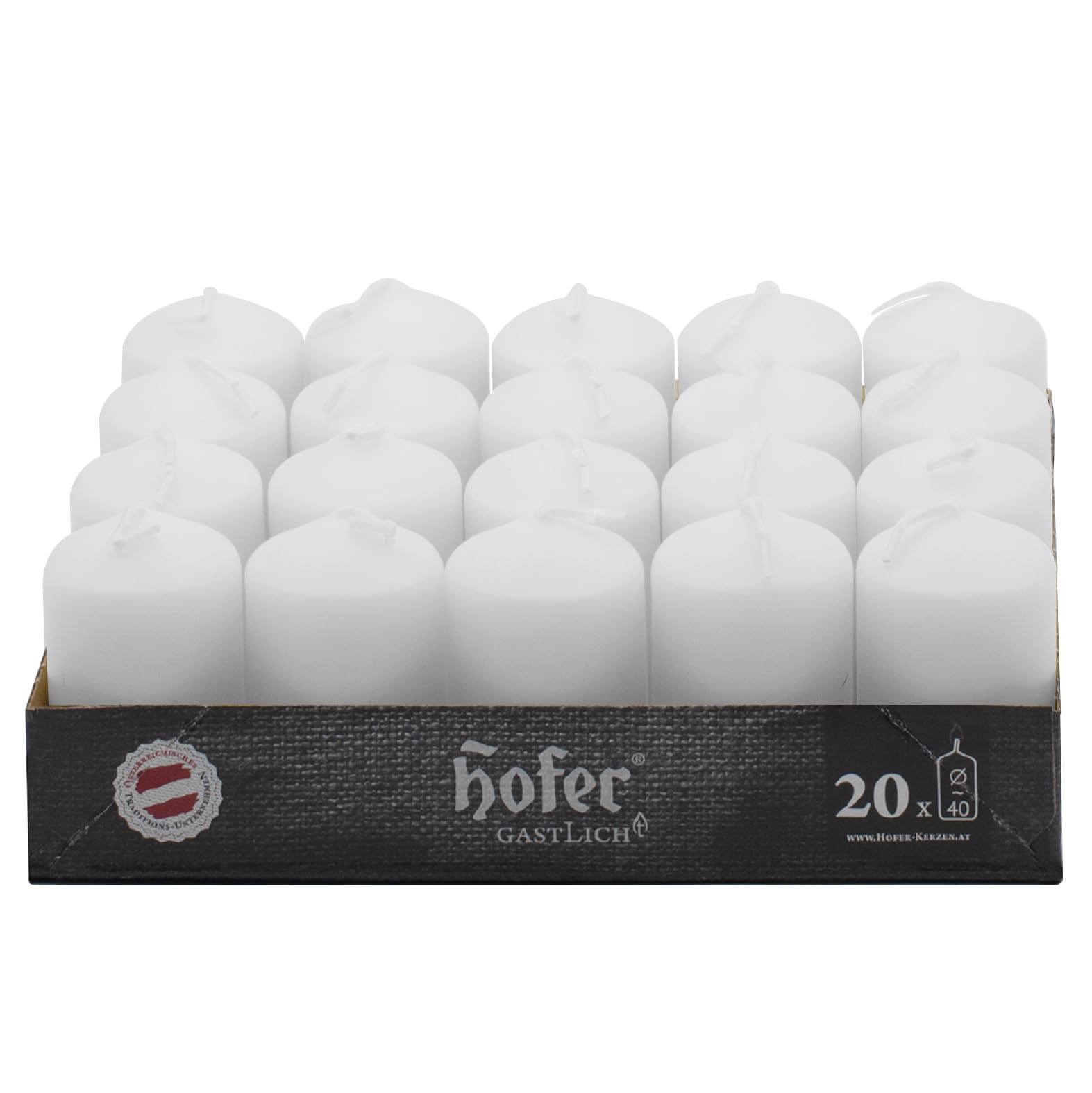 Hofer White Pillar candles - Set of 20 Unscented Small candles in Bulk - 157 x 276 Inch - 11 Hours Long Burning Decorative candles - Dripless Wax - Smokeless Wick - RAL Quality - Made in Austria