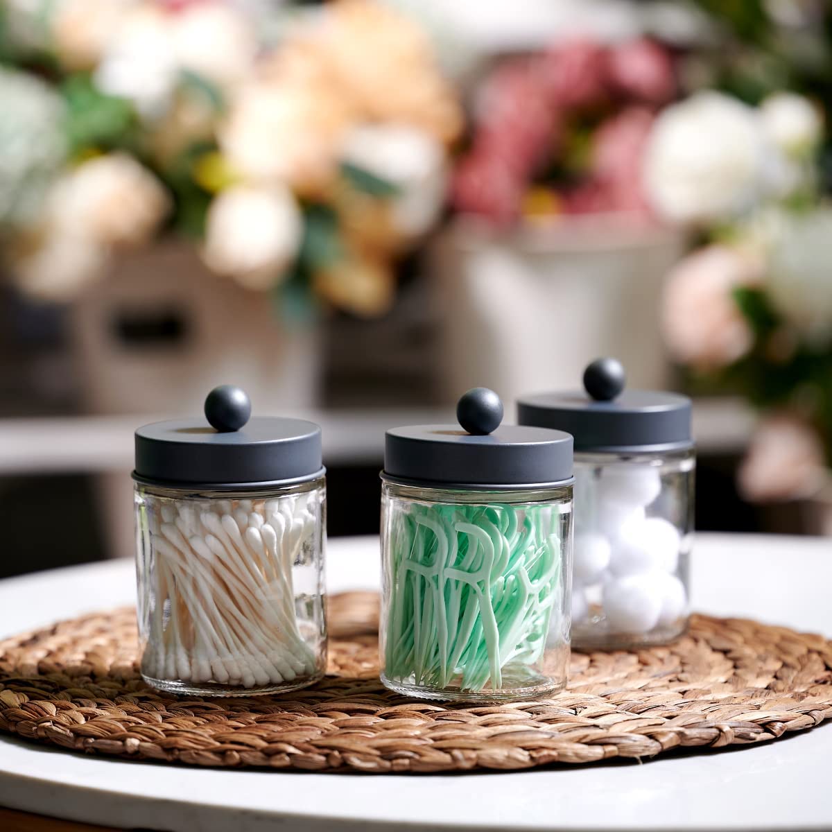 6 Pack Apothecary Jars Bathroom Vanity Organizer- Rustic Farmhouse Decor Storage Canister with Stainless Steel Lids- Qtip Dispenser Holder for Q-Tips Cotton Swabs Rounds Ball Flossers (Grey)
