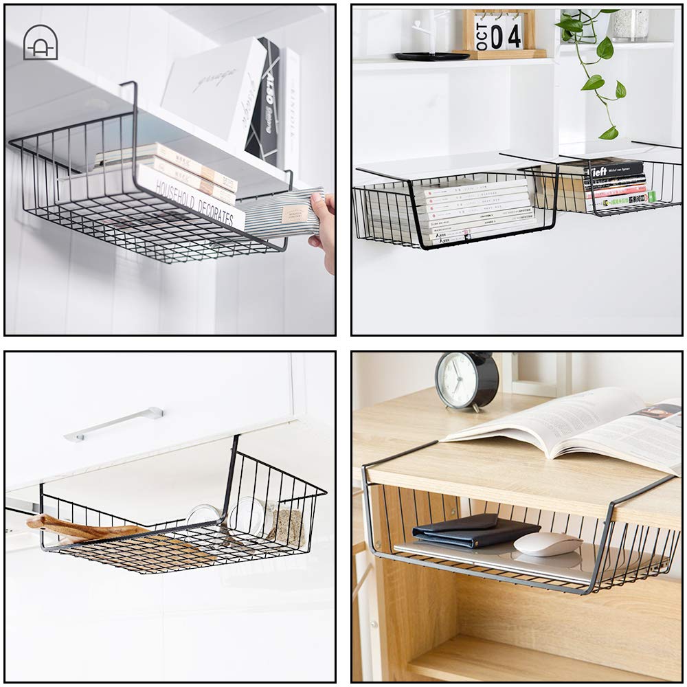 Dveda 4 Pack Under Shelf Basket, Under Cabinet Organizer Shelf, Durable Metal Wire Rack Hanging Basket Storage Rack, Shelf Organ