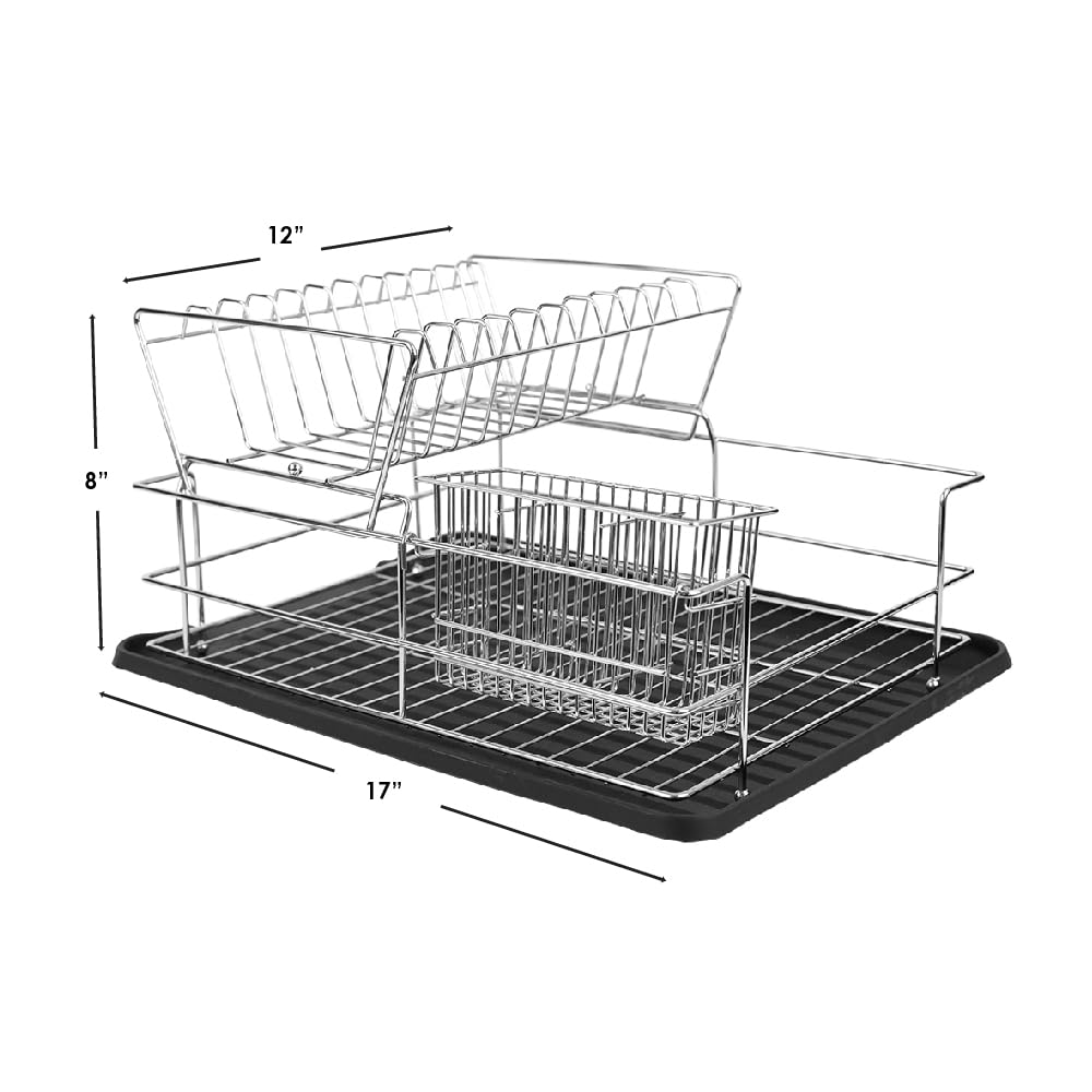 Home Basics Black Kitchen Sink Countertop 2 Tier Dish Rack And Draining Board Cutlery Holder, Fits Large Plates, Dry & Drip Tray