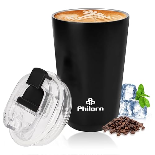 PHILORN Travel Coffee Mug Spill Proof -12 OZ Insulated Coffee Mug With Lid  Black Stainless Steel Coffee Mug with Double Wall  Coffee Cup For Hot and cold Drinks