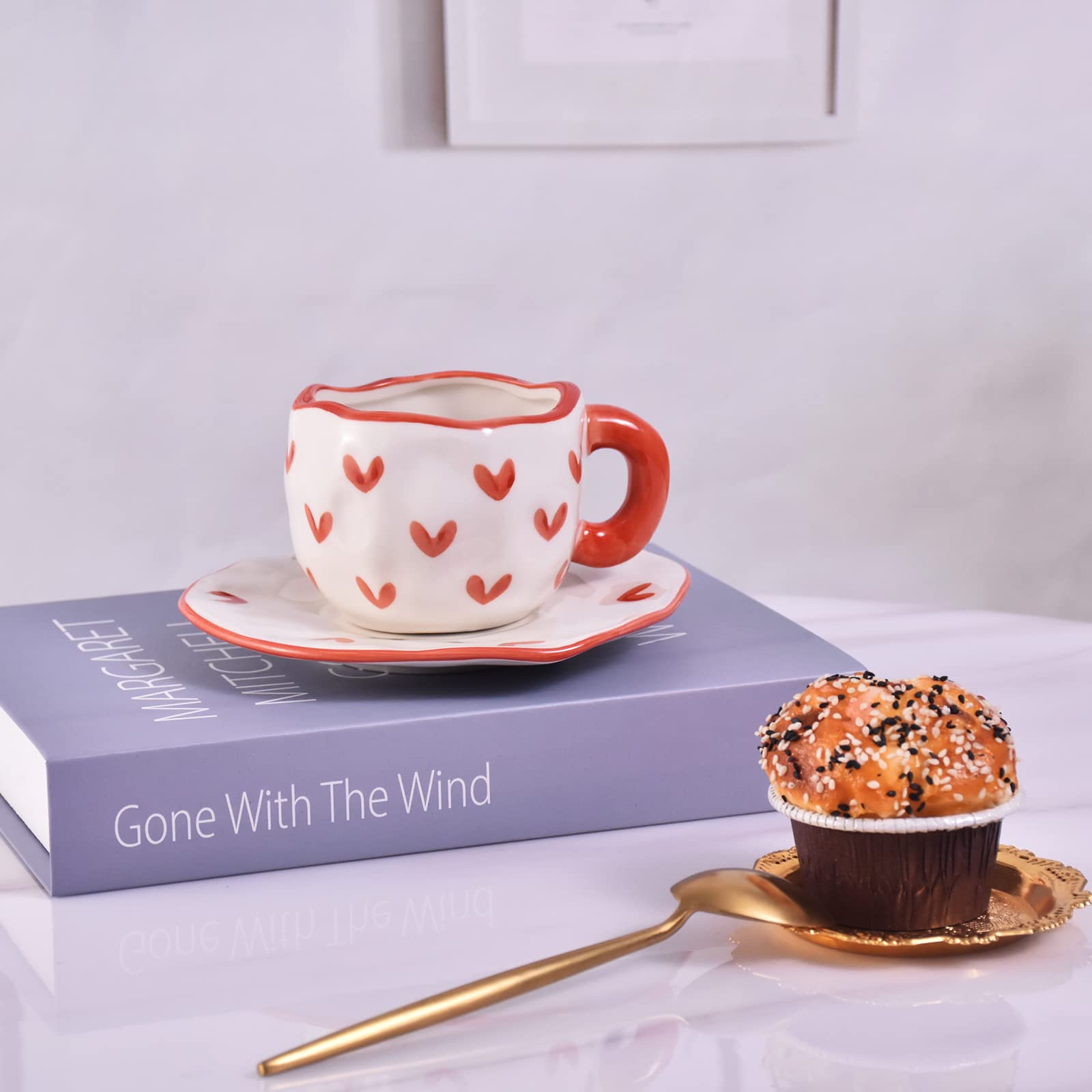 Koythin Ceramic Coffee Mug With Saucer Set, Cute Creative Cup Unique Irregular Design For Office And Home, Dishwasher And Microw