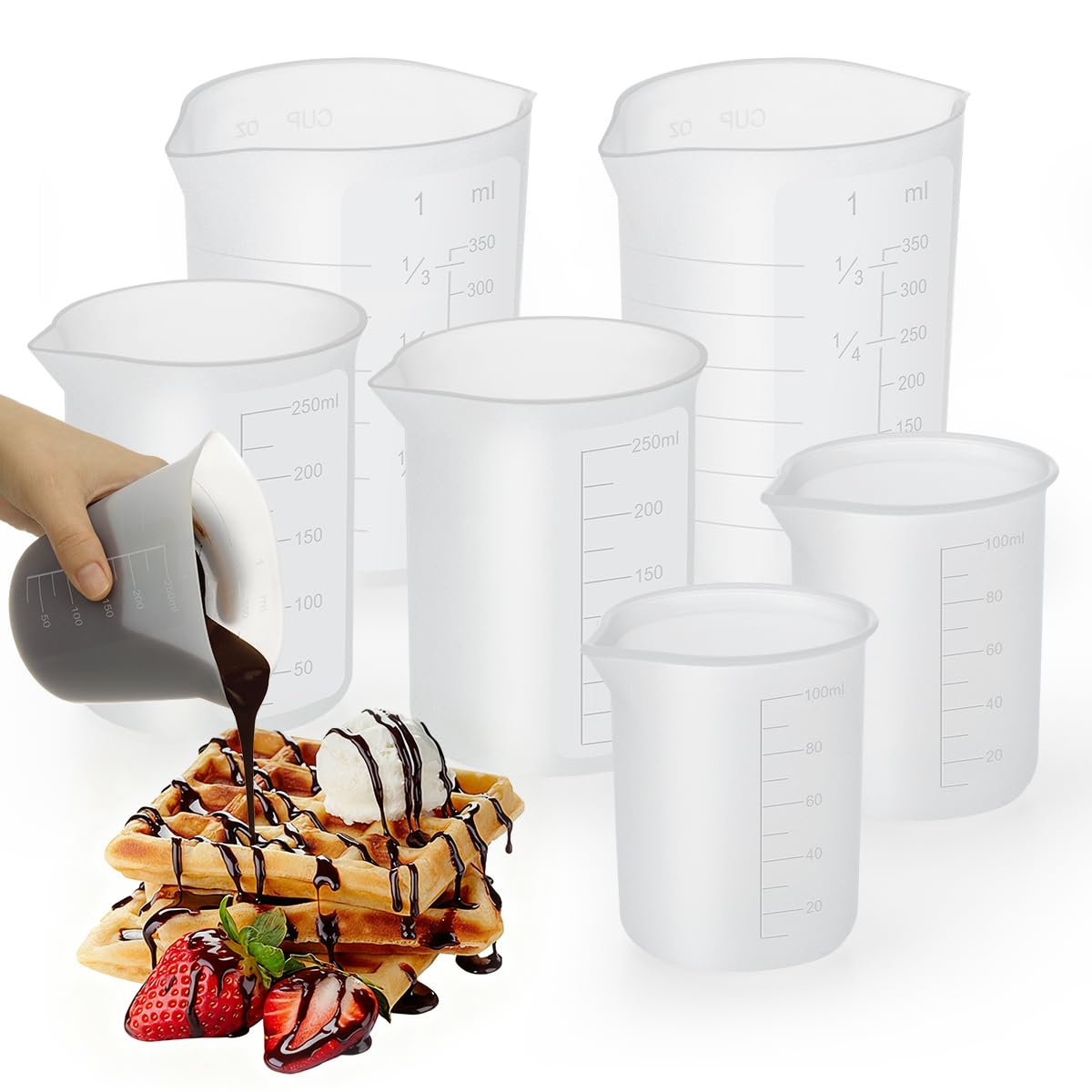 Aieve 6 Pcs Silicone Chocolate Melting Cups,Reusable Measuring Cups with Scale & Pour Spout, Capacity 100ml/250ml/350ml for Stra