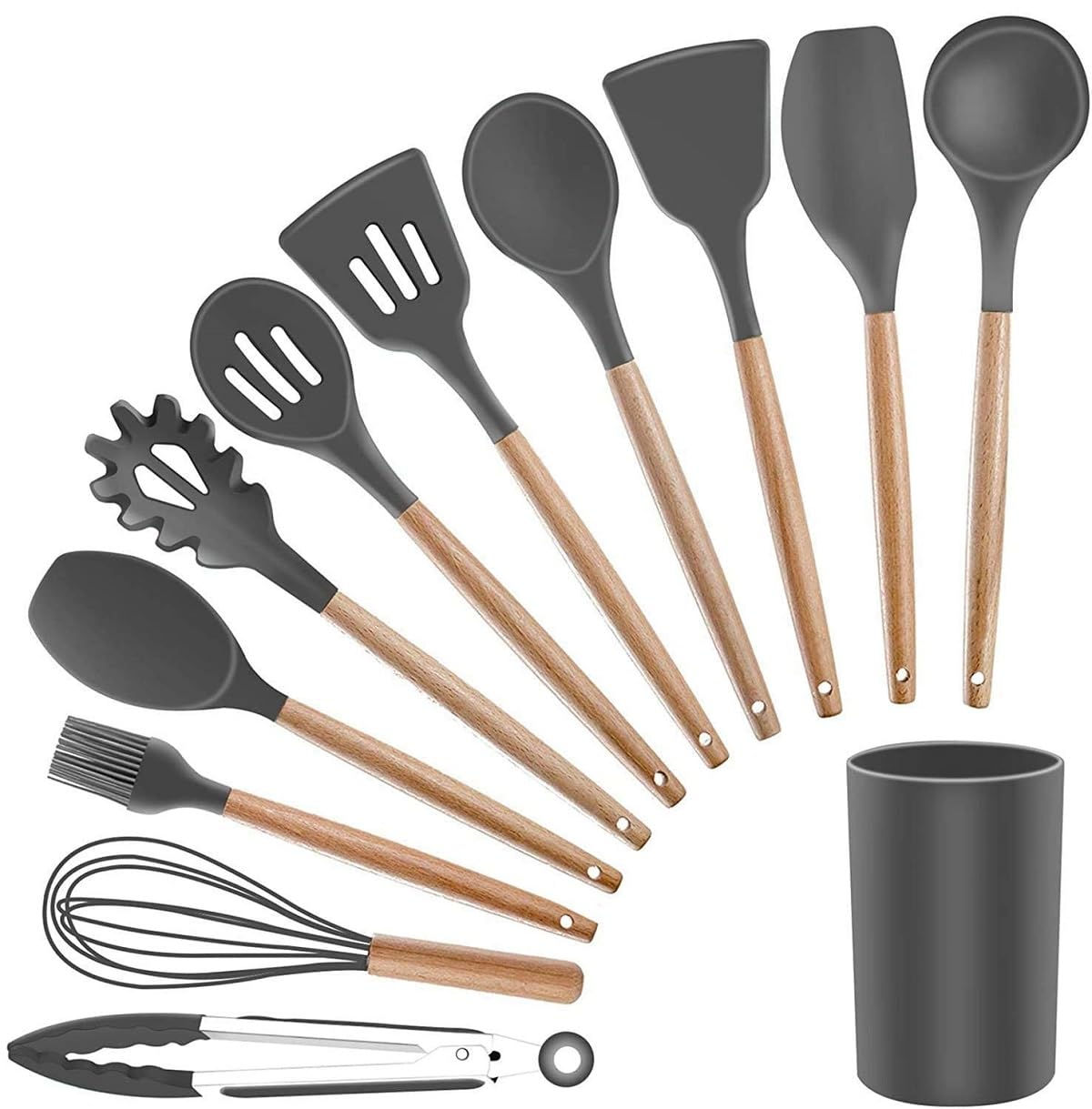 Mobdesk Wooden Handle Silicone Spatula Set 12 For Non Stick Pan Spatula Cooking Spoon Silicone Kitchen Utensils Set Turner Spatu