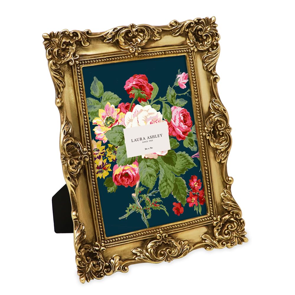 Laura Ashley 5x7 Gold Ornate Textured Hand-Crafted Resin Picture Frame with Easel & Hook for Tabletop & Wall Display, Decorative