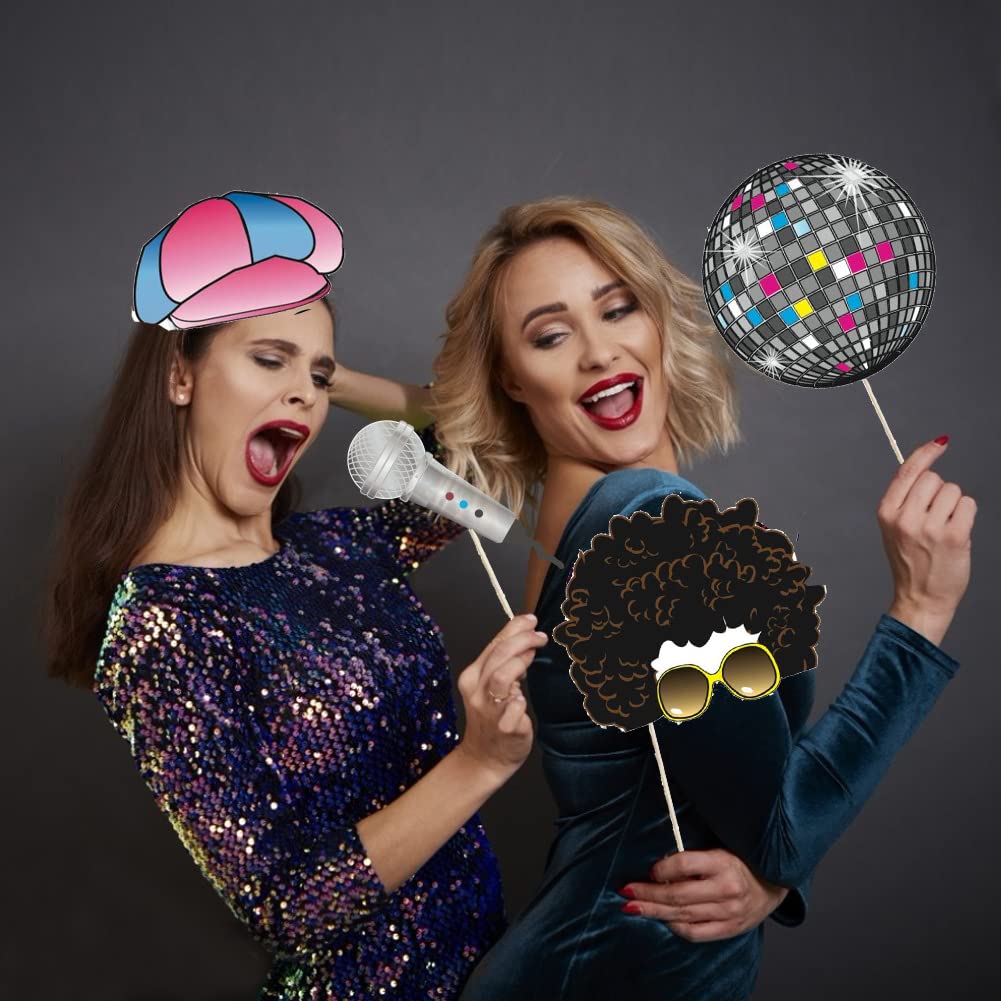 Medoore 70's Photo Booth Props  1970s Disco Throwback Party Theme Photo Booth Props Decorations  20 Pieces with Wooden Sticks for Hippie Party  Disco Fever Party  Woodstock Party