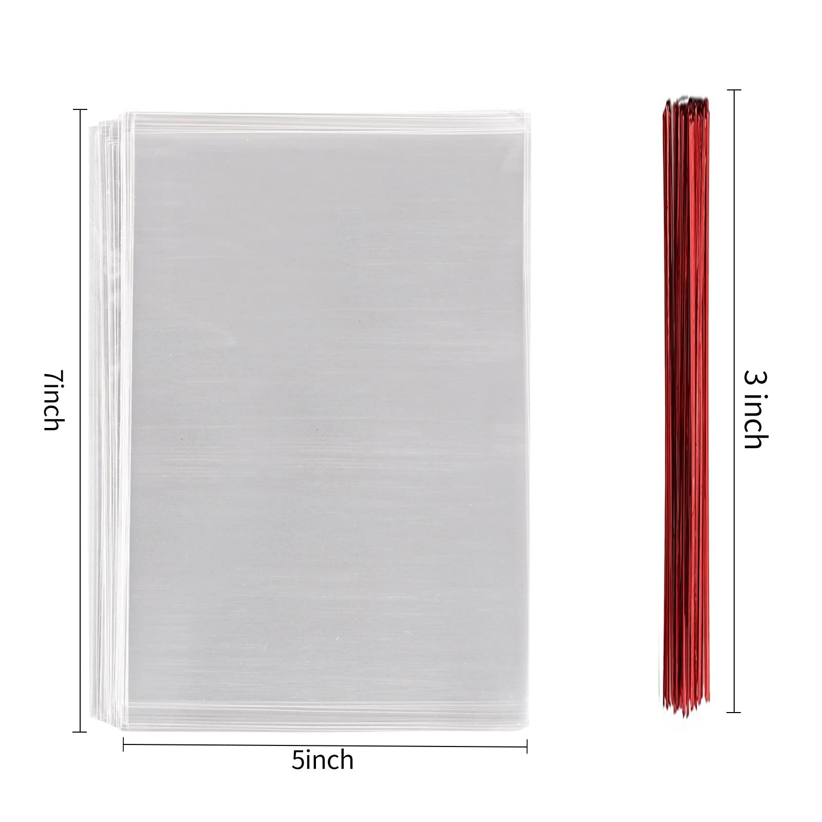 100 Pcs 7 In X 5 In(1.4Mil.) Clear Flat Cello Cellophane Treat Bags Good For Bakery, Cookies, Candies,Dessert With Random Color