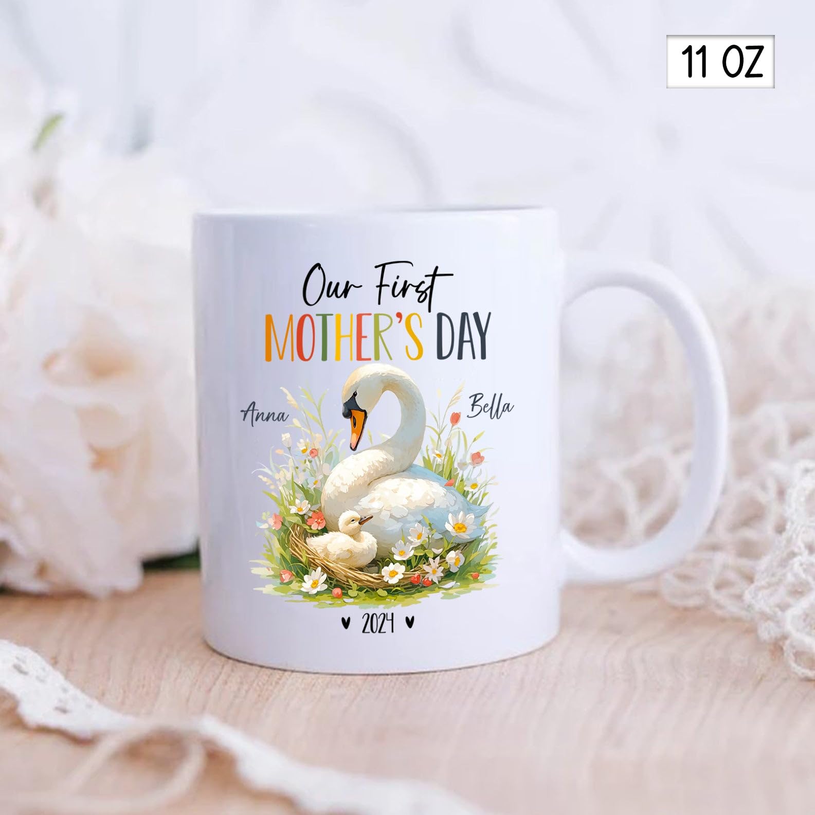 Swan Mug, Personalized Mom And Baby Swan Ceramic Mug, Personalized First Time Mom Cup, Our First Mothers Day Mugs, Custom Swan L