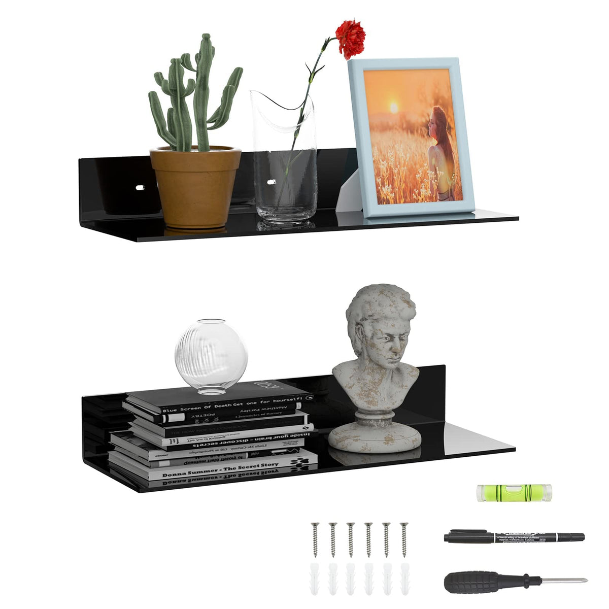 Sezanrpt 2 Pack Acrylic Wall Shelves 17 Inches, Black L Shape Floating Shelf, Acrylic Corner Shelf, Perspex Wall Display Shelves