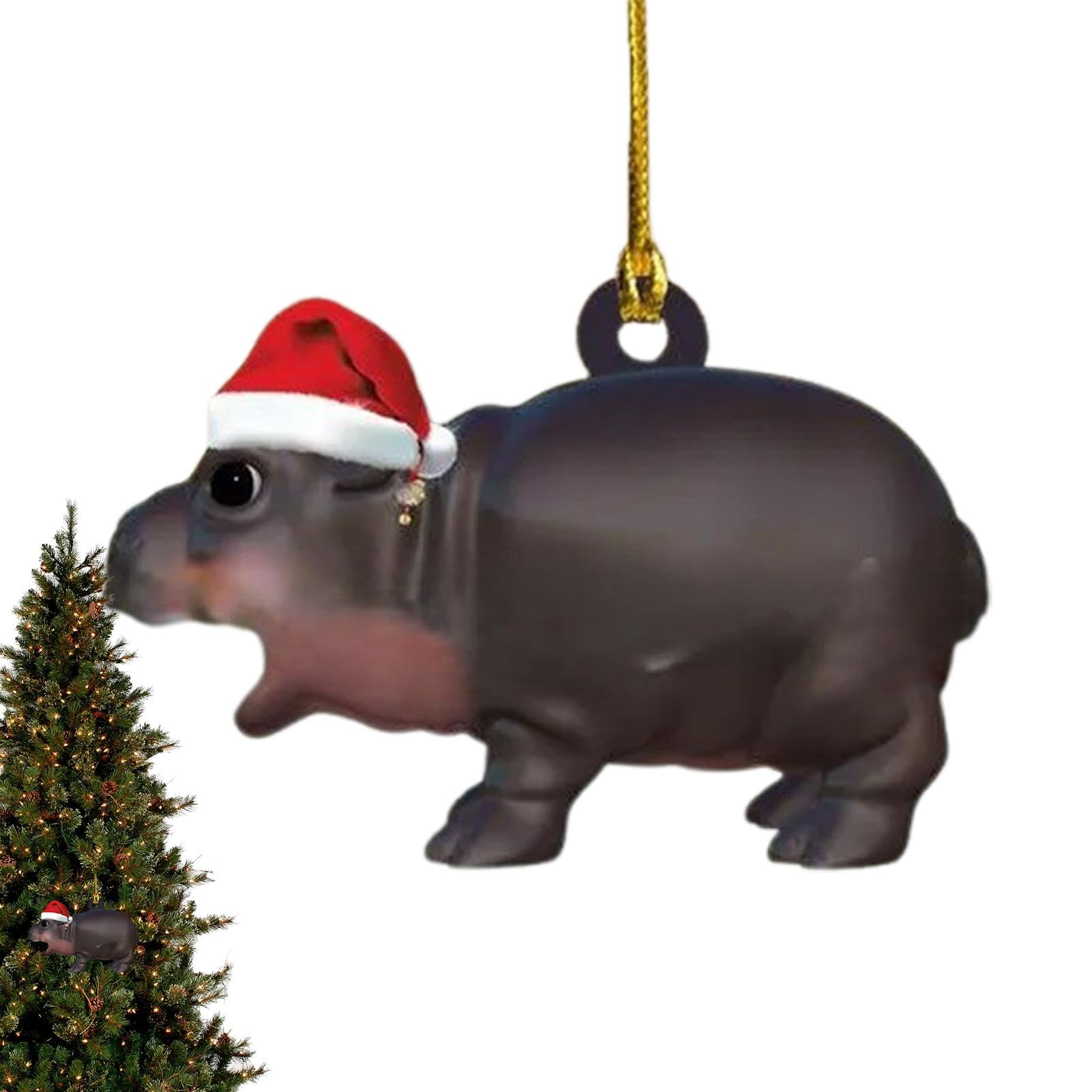 Hippo Christmas Decor, Christmas Tree Hanging Decorations, Hippopotamus Decoration with Santa Hat - 2D Acrylic Holiday Ornament 