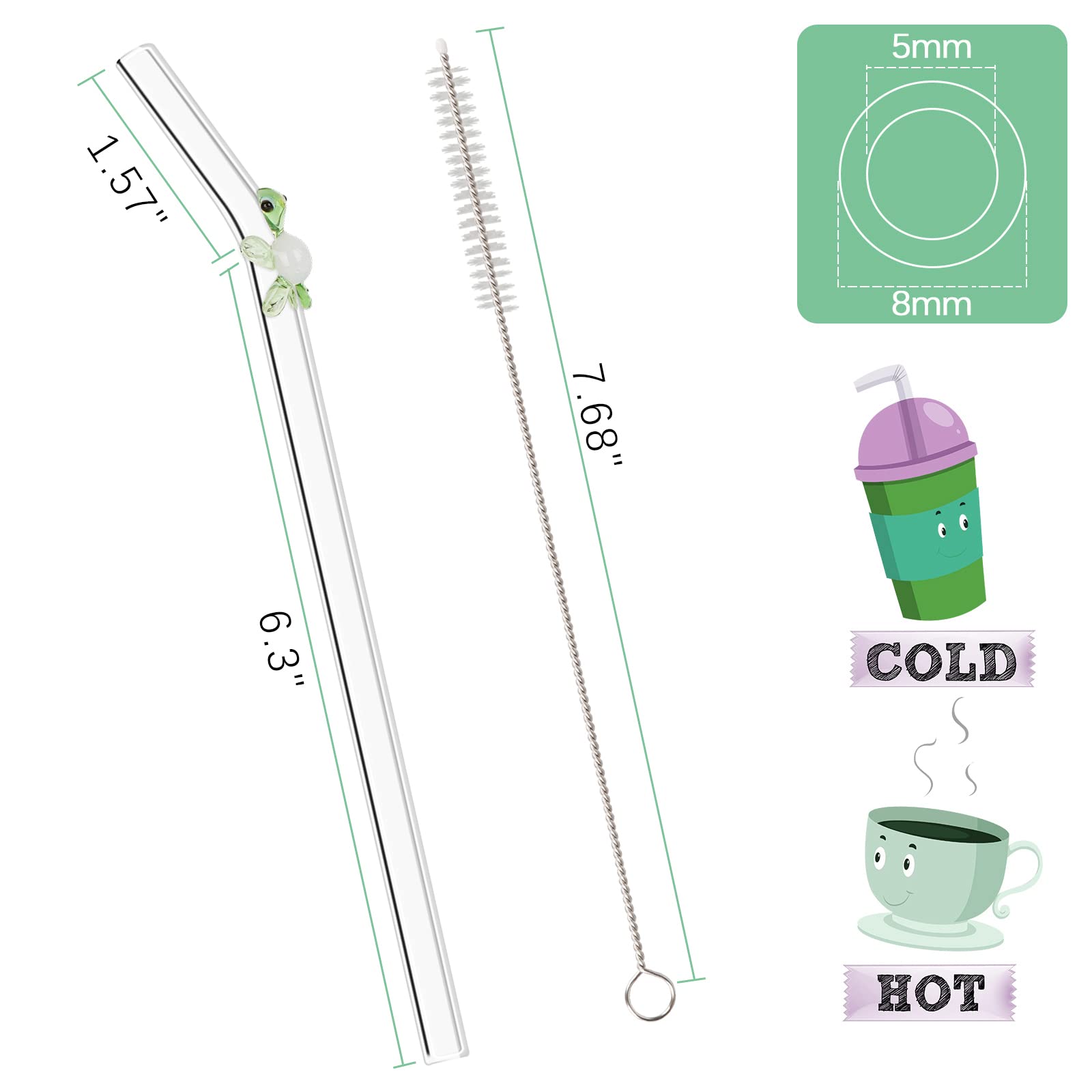 Olpchee 5 Pcs Reusable Straws Clear Glass Straws Colorful Turtle Design Size 7.8'' X 8Mm With 1 Cleaning Brush For Smoothies, Mi