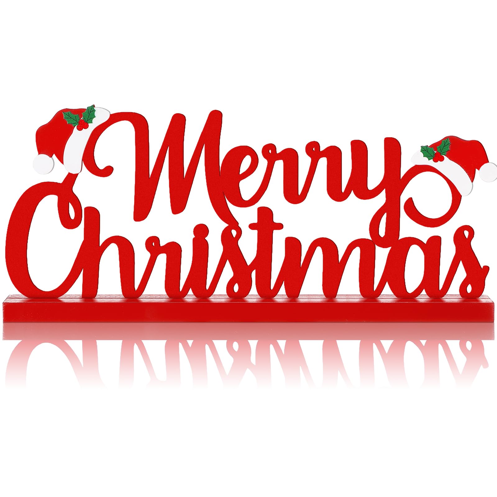 Realspring Merry Christmas Metal Sign Red Christmas Table Decoration Xmas Tiered Tray Decor Freestanding Metal Word Sign with Wo