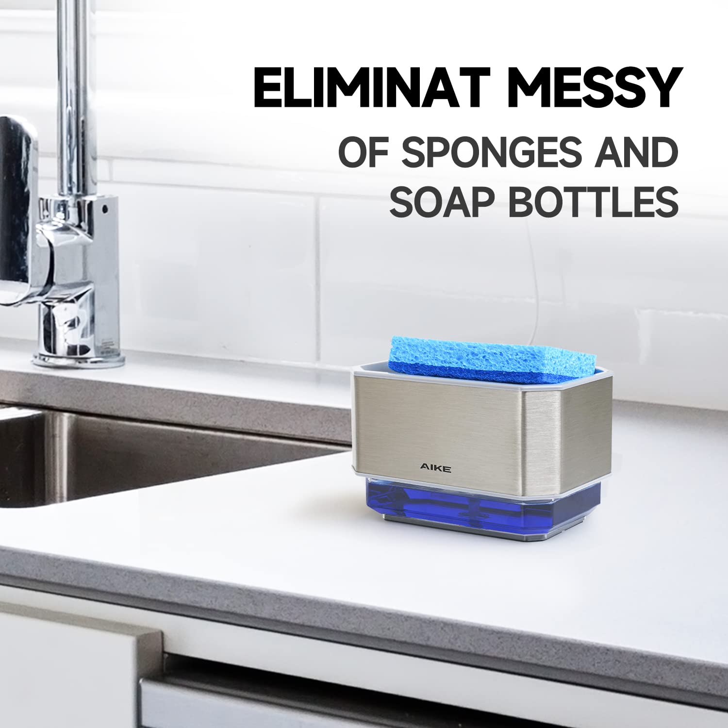 AIKE Dish Soap Dispenser and Sponge Holder for Kitchen Sink Brushed Stainless Steel (Sponge Not Included)