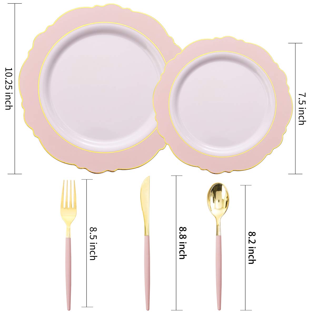 Wdf 30Guest Pink Plastic Plates - Hign-End Baroque Design - Gold Plastic Silverware With Pink Handle-Baroque Pink &Gold Plastic