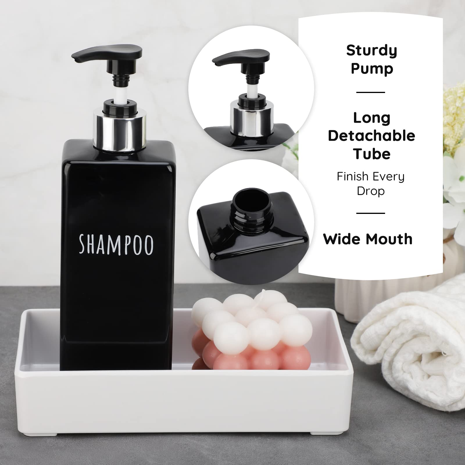 Segbeauty Shower Soap Dispenser Black, 3Pcs 16.9Oz Empty Refillable Bathroom Press Pump Bottles, 500Ml Reusable Plastic Square S
